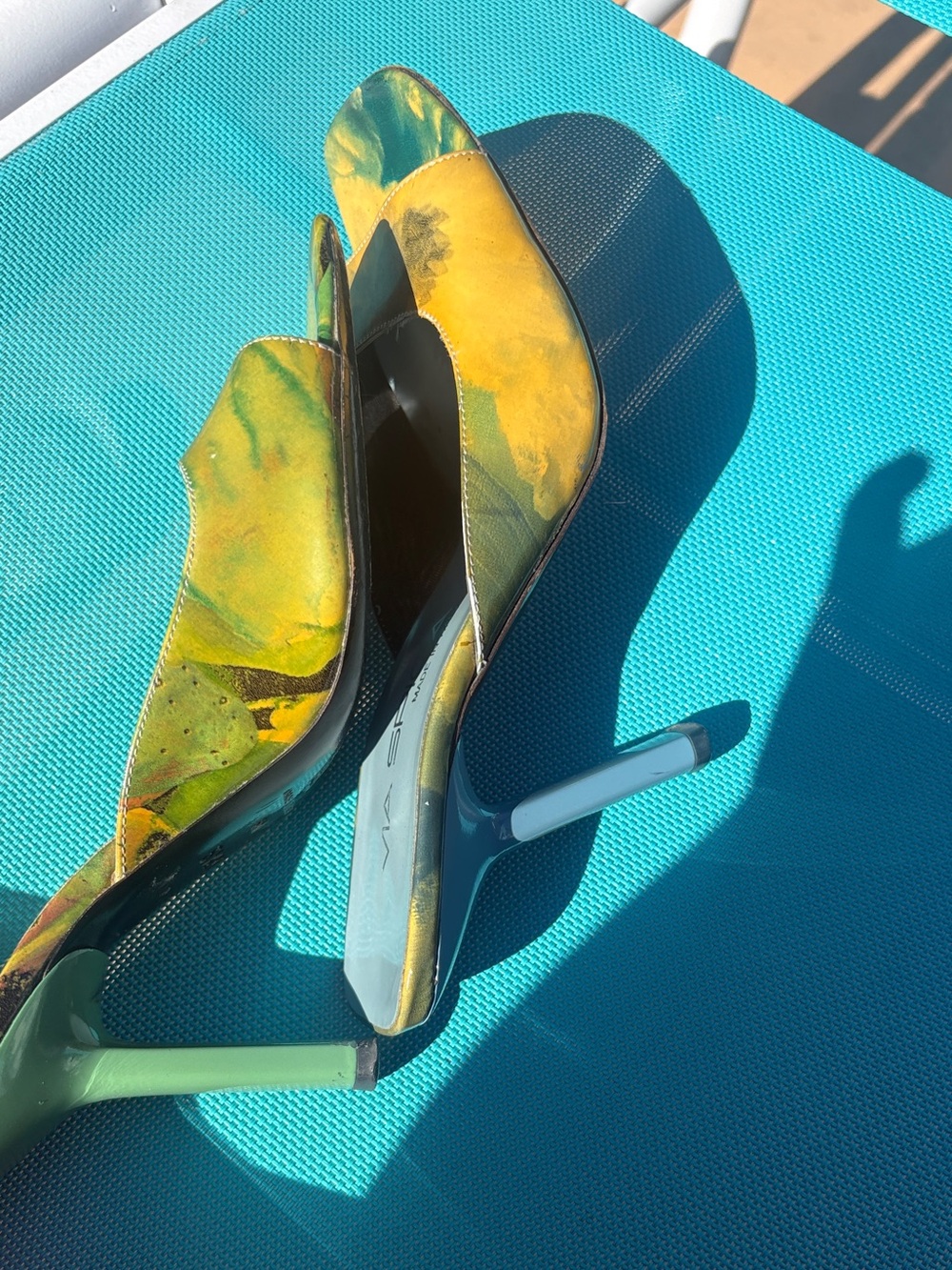 Via Spiga Yellow & Green Floral Open-Toe Mule Heels